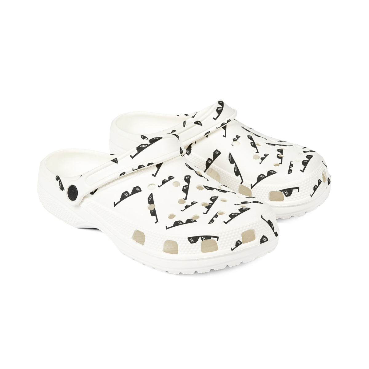 White EVA Foam Clogs with Sunglasses Pattern — Lightweight Slip-On Shoes