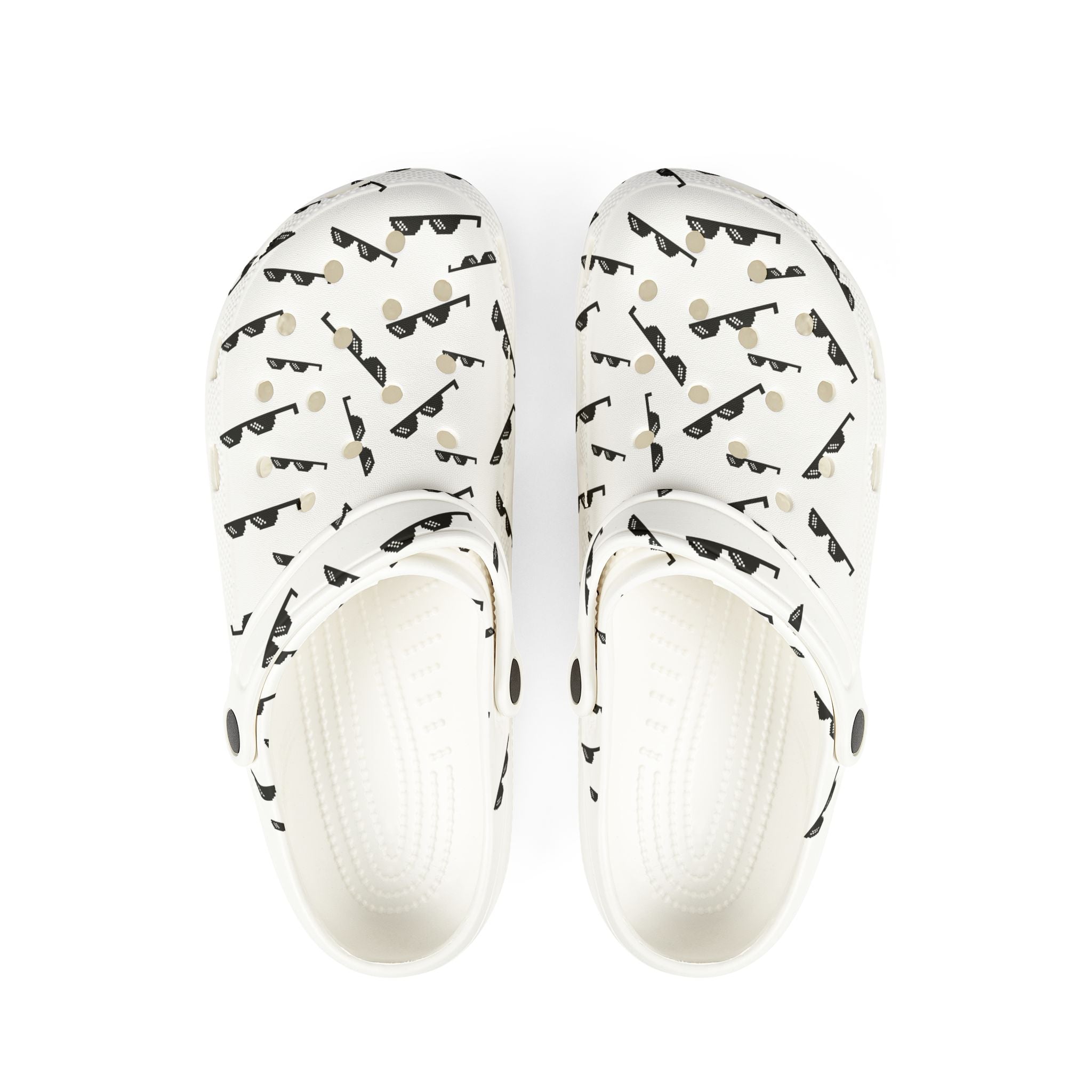 White EVA Foam Clogs with Sunglasses Pattern — Lightweight Slip-On Shoes