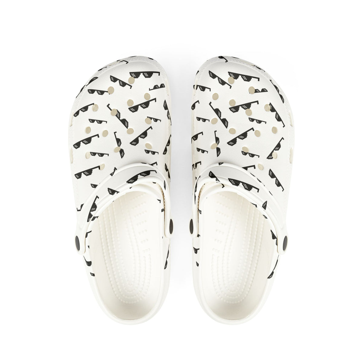 White EVA Foam Clogs with Sunglasses Pattern — Lightweight Slip-On Shoes